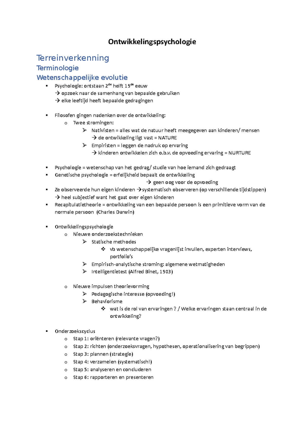 Les 1 En 2 Terreinverkenning Samenvatting - Ontwikkelingspsychologie 1. ...