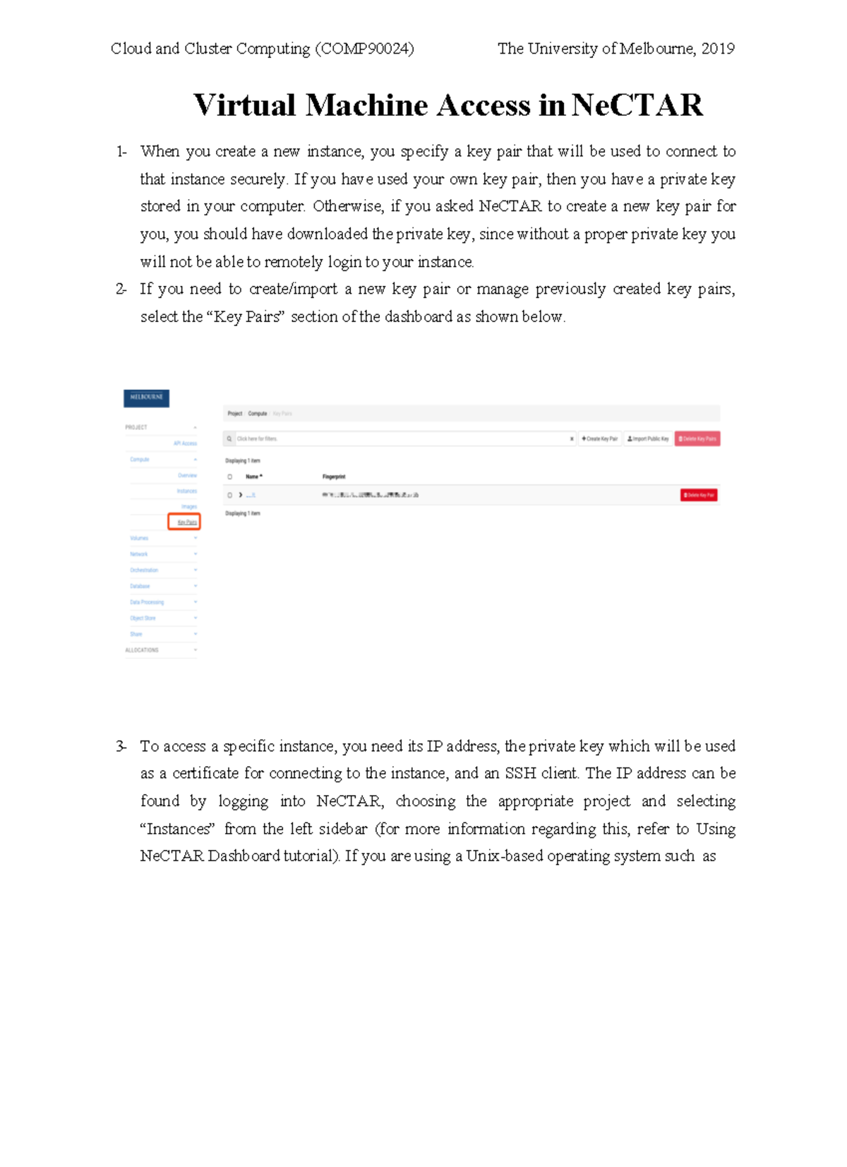 Virtual Machine Access - Cloud and Cluster Computing (COMP90024) The ...