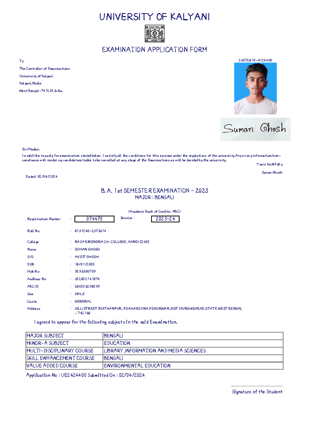 1st SEM EXAM. FORM FILL UP 2023 - 074470 Session : 2023- Signature of ...