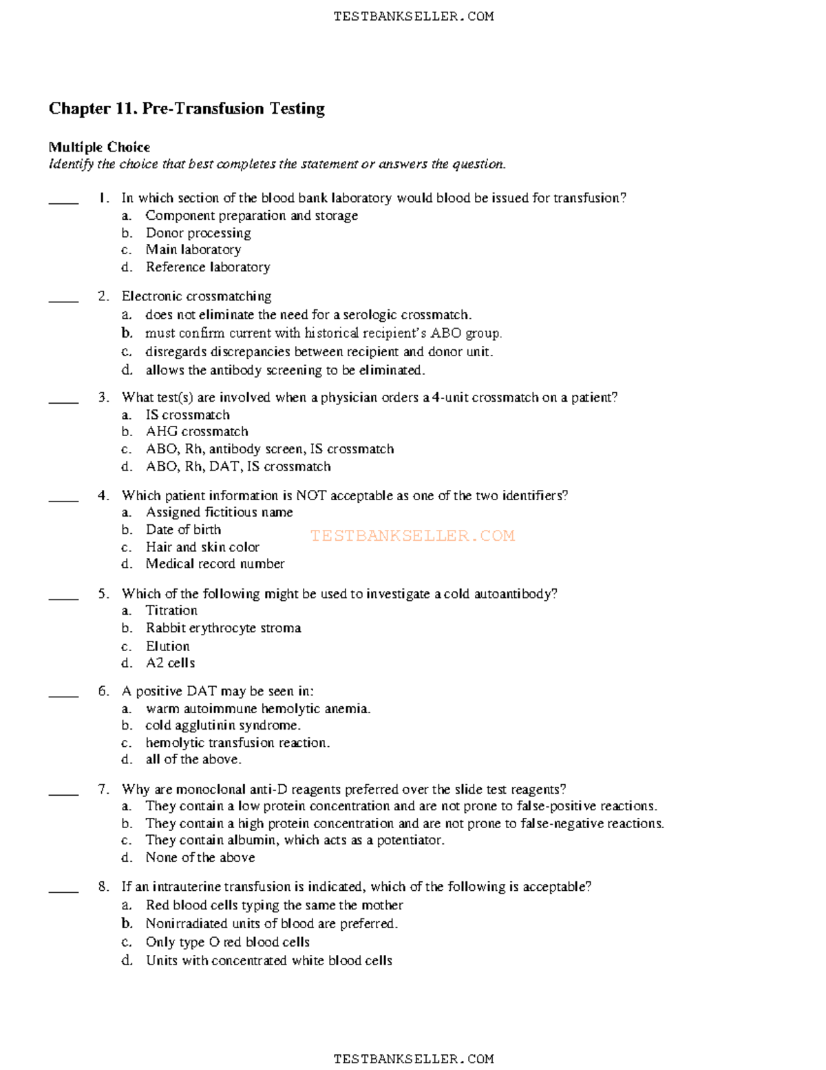 Ch11 - Blood Bank Test - T E S T B A N K S E L L E R. C O M Chapter 11 ...