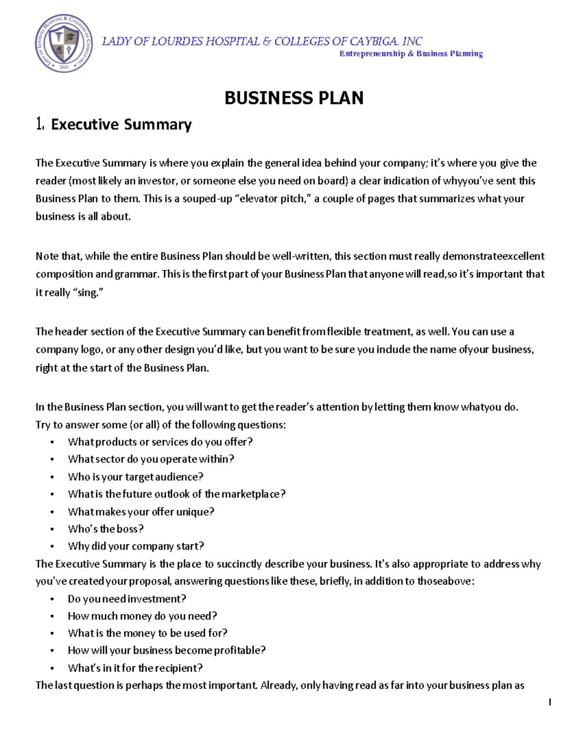 Business PLAN - Entrepreneurship & Business Planning BUSINESS PLAN 1 ...