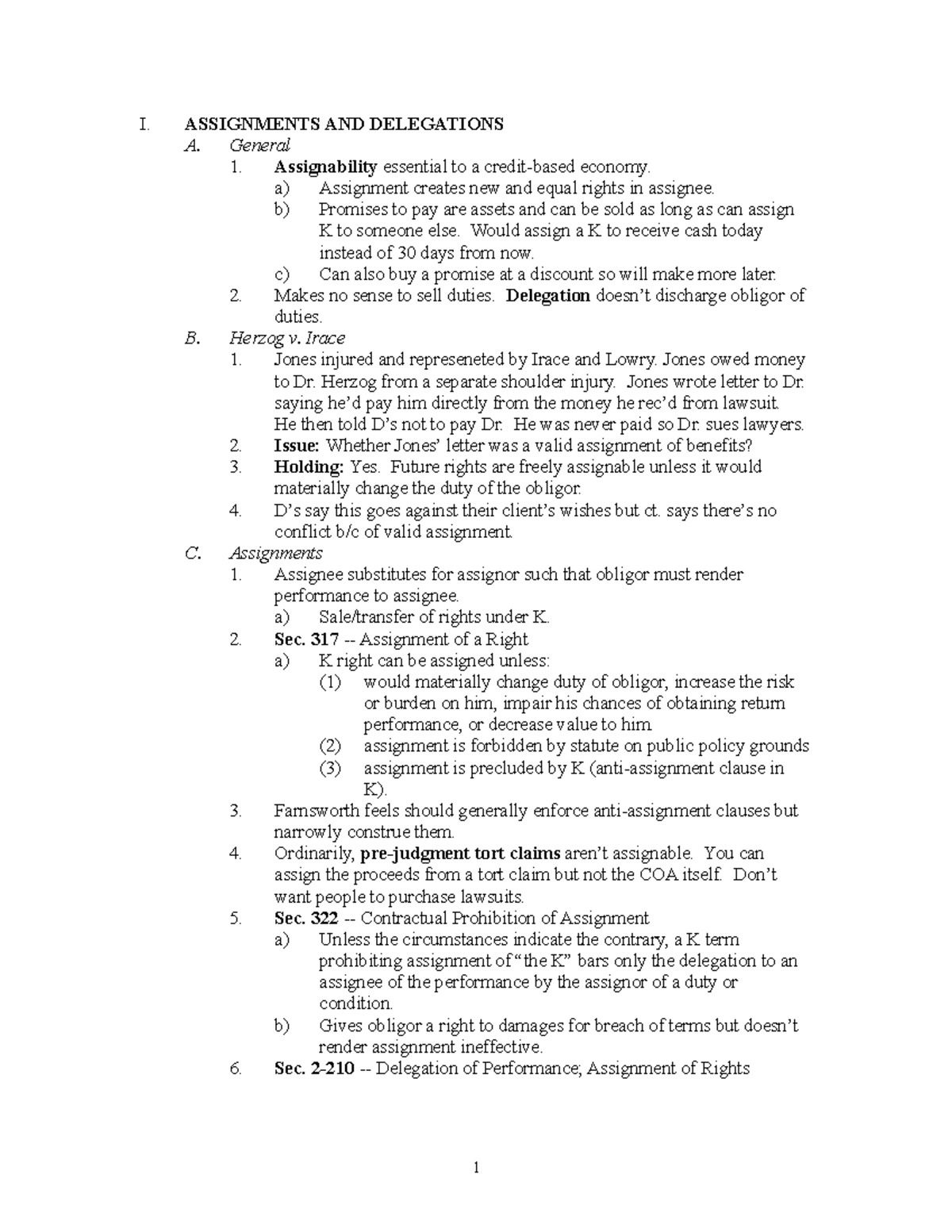 Contracts Law Outline - 1 - I. ASSIGNMENTS AND DELEGATIONS A. General 1 ...