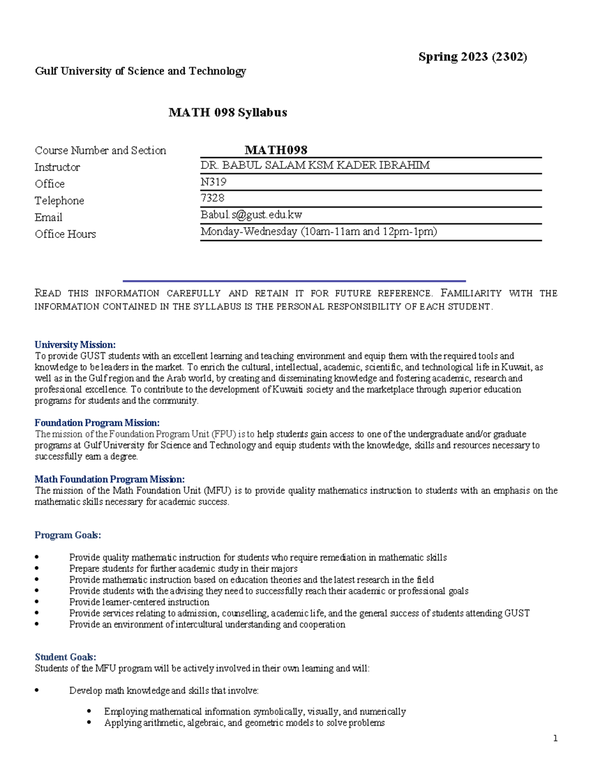 Syllabus Document 2 - hello - Spring 2023 (2302) Gulf University of ...