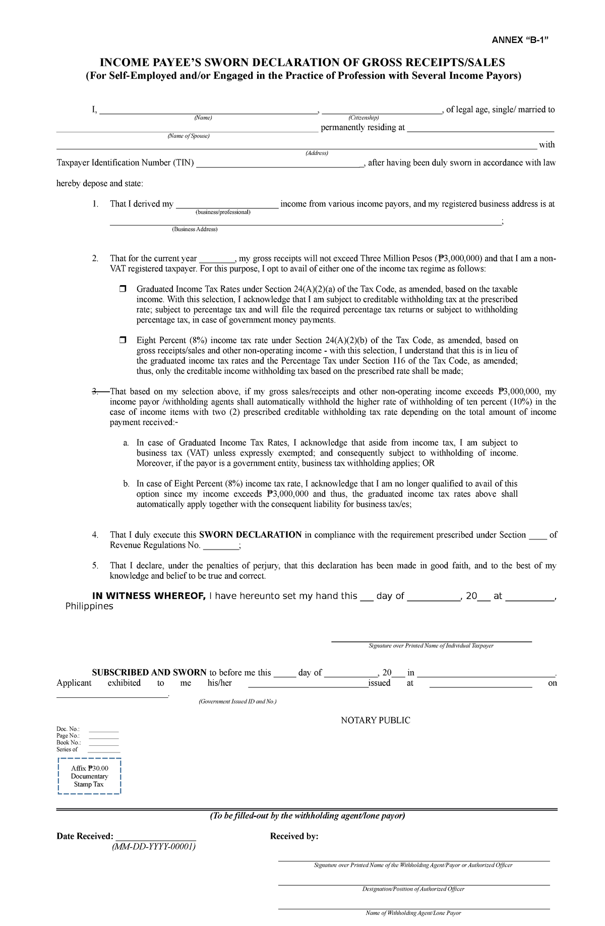 BIR Sworn Declaration Annex B 1 RR 11 2018 ANNEX B 1 INCOME PAYEE S 