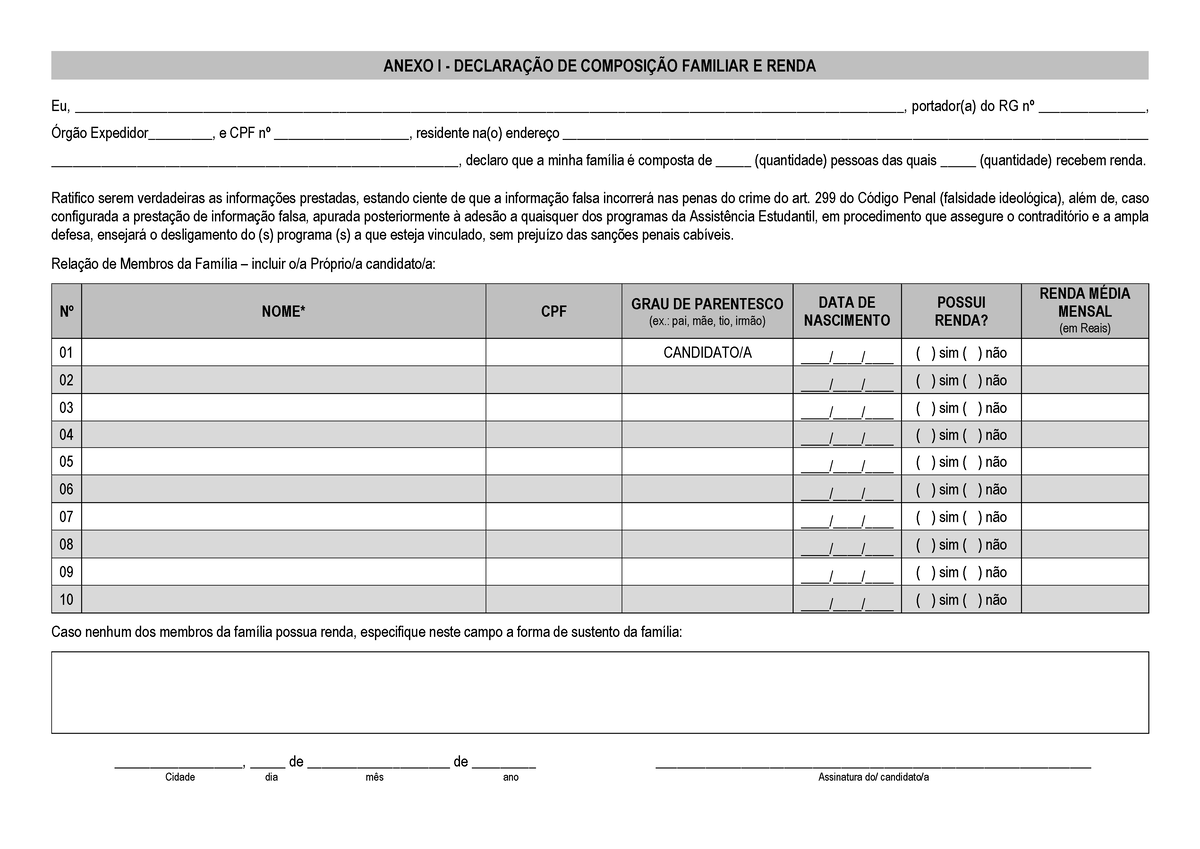 Anexo I Declaração De Composição Familiar E Renda Anexo I DeclaraÇÃo De ComposiÇÃo 0714