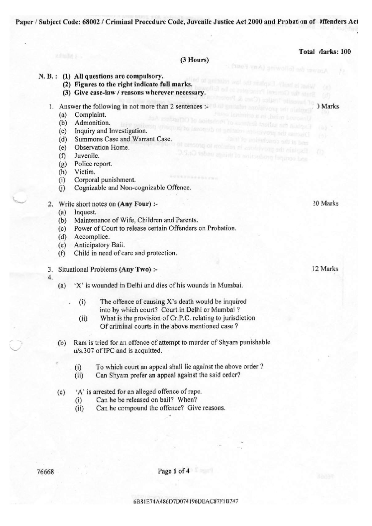 Criminal Procedure Q P 2018 - Paper Subject Code: 68002 Criminal ...