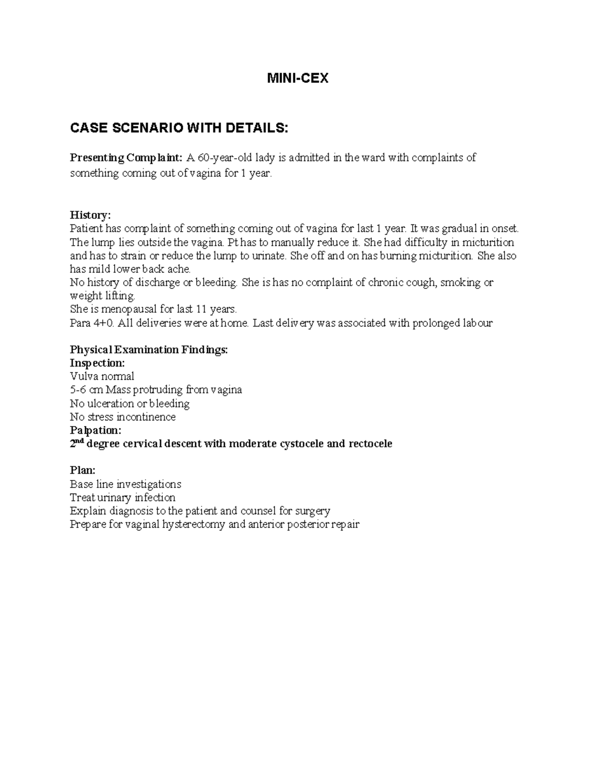 MINI-CEX - MBBS FINAL YEAR MINI-CEX ASSESSMENT - MINI-CEX CASE SCENARIO ...