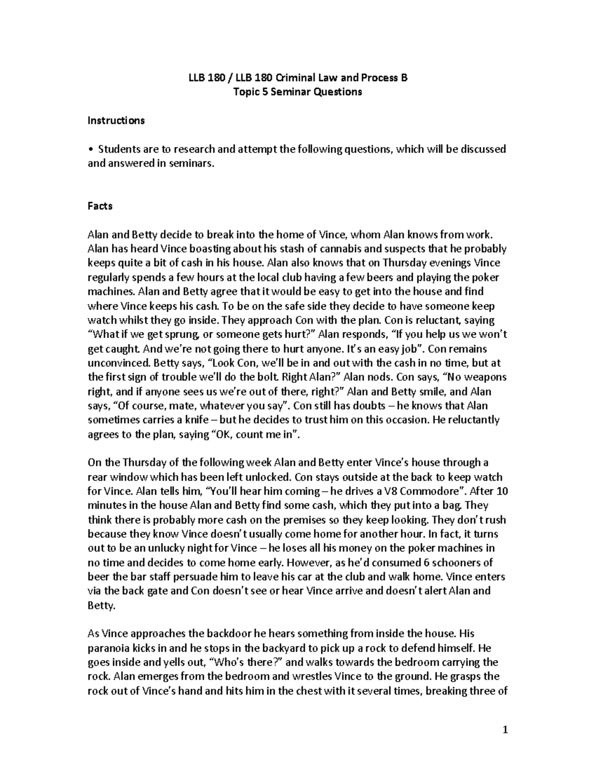 LLB 180 SQ7 - problem question week 7 - 1 LLB 180 / LLB 180 Criminal ...