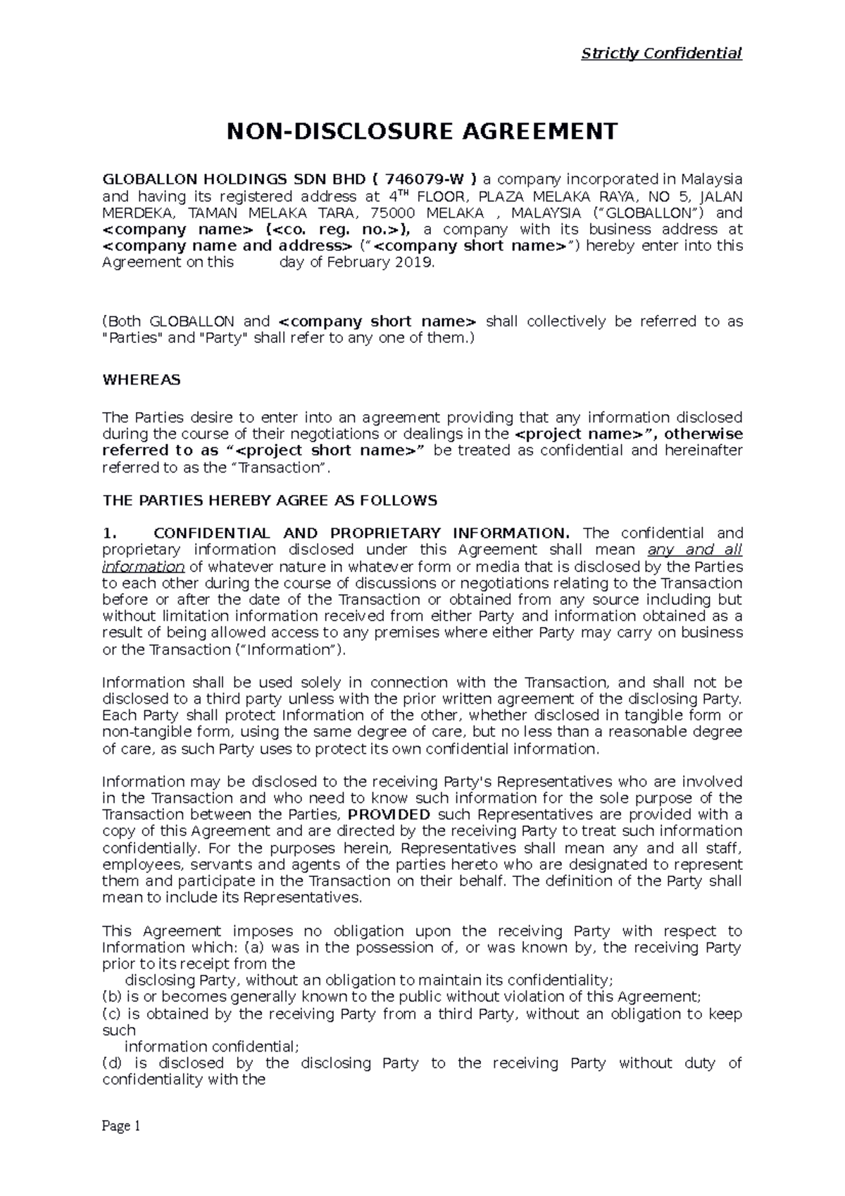 NDA sample - NON-DISCLOSURE AGREEMENT GLOBALLON HOLDINGS SDN BHD ...