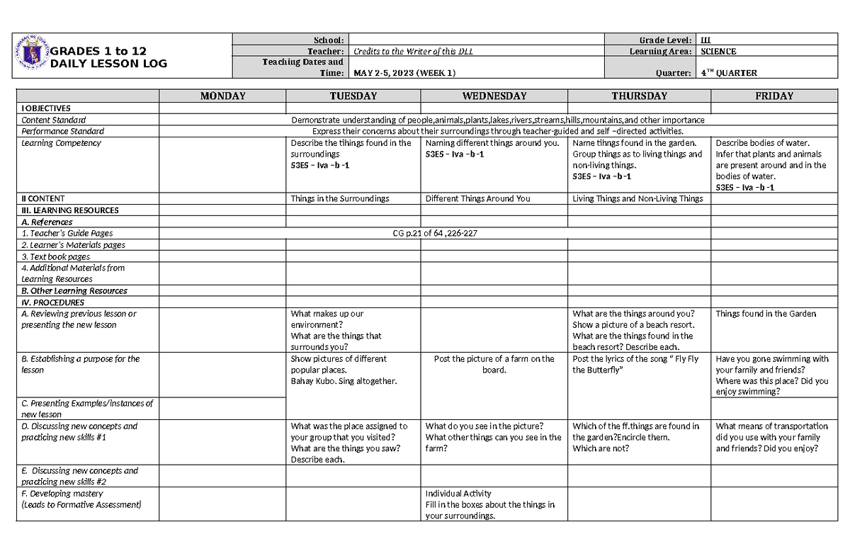 DLL Science 3 Q4 W1 - daily lesson log - GRADES 1 to 12 DAILY LESSON ...
