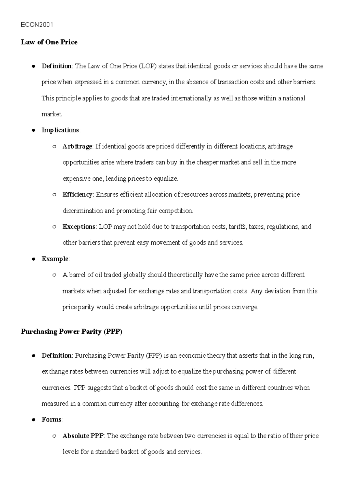 Law of One Price AND PPP Notes - ECON Law of One Price Definition: The ...