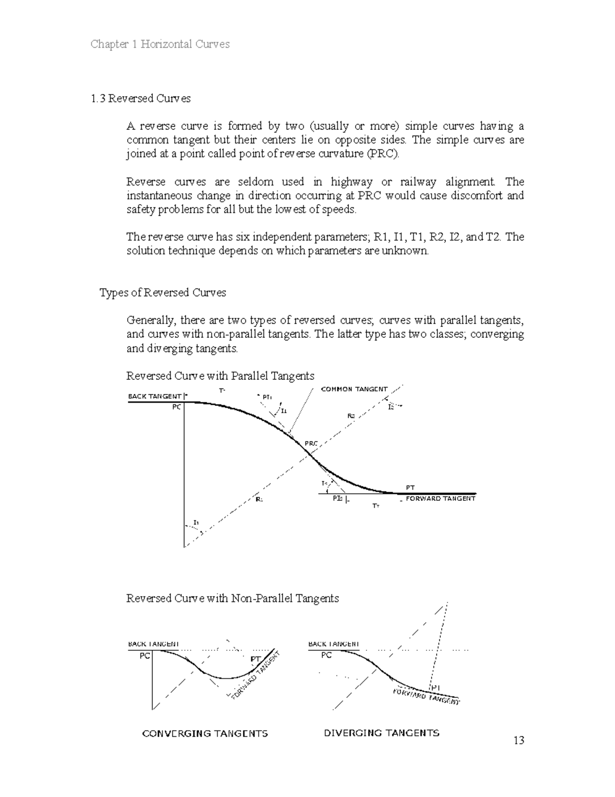 Pdfcoffee - reversed curve - 13 Chapter 1 Horizontal Curves 1 Reversed ...