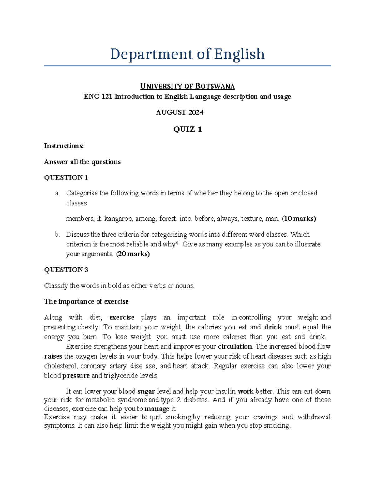 ENG 121 QUIZ 1 SEPT 2024- LEC 2 - Department of English UNIVERSITY OF ...