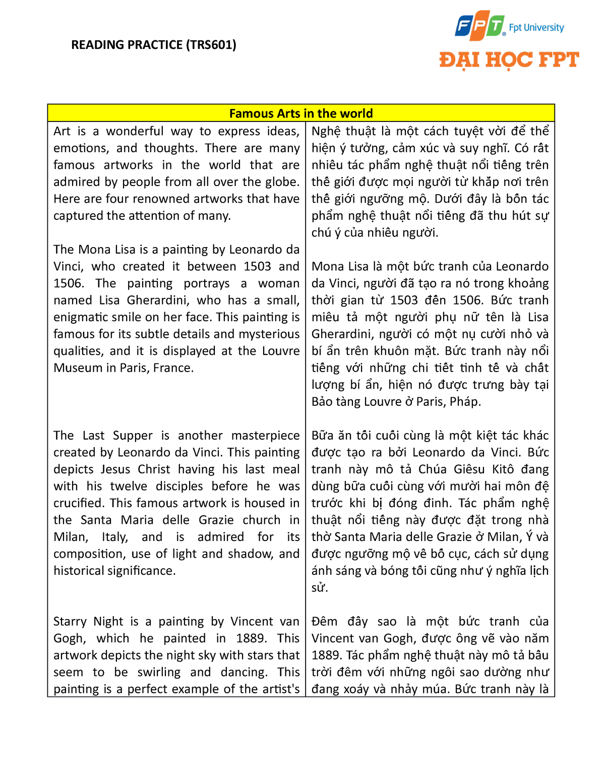 Arts-Reading - Low - READING PRACTICE (TRS601) Famous Arts In The World ...