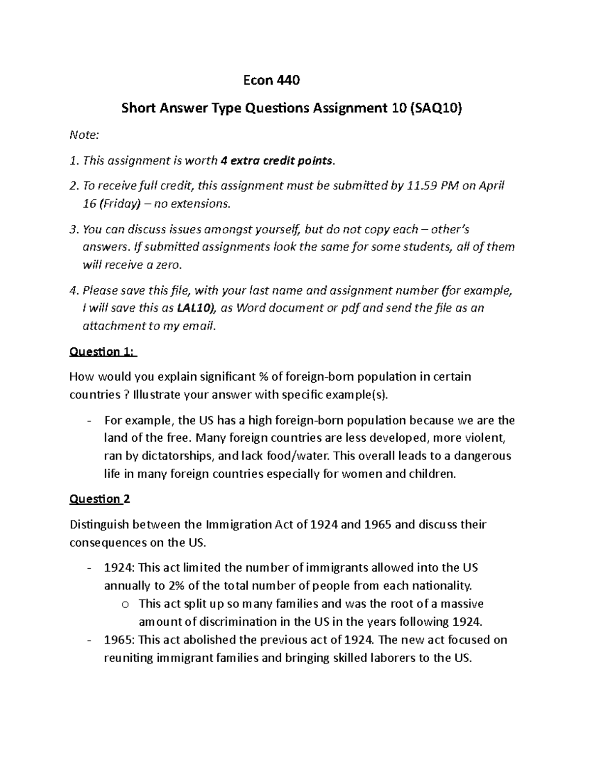 Extra Credit 10 Econ 440 Short Answer Type Questions Assignment 10
