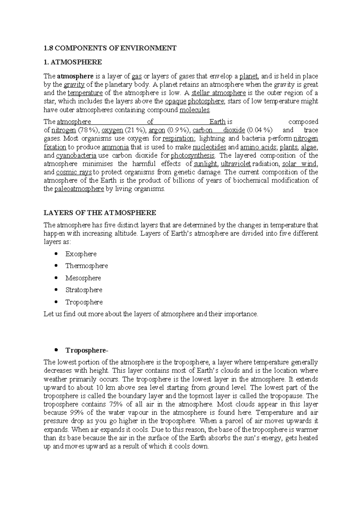 Layers of atmosphere - 1 COMPONENTS OF ENVIRONMENT 1. ATMOSPHERE The ...