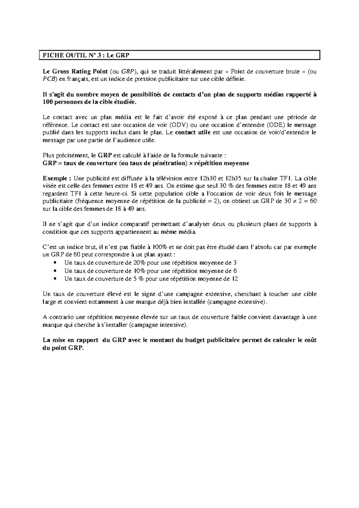 F3 GRP F3 grp FICHE OUTIL N° 3 Le GRP Le Gross Rating Point (ou