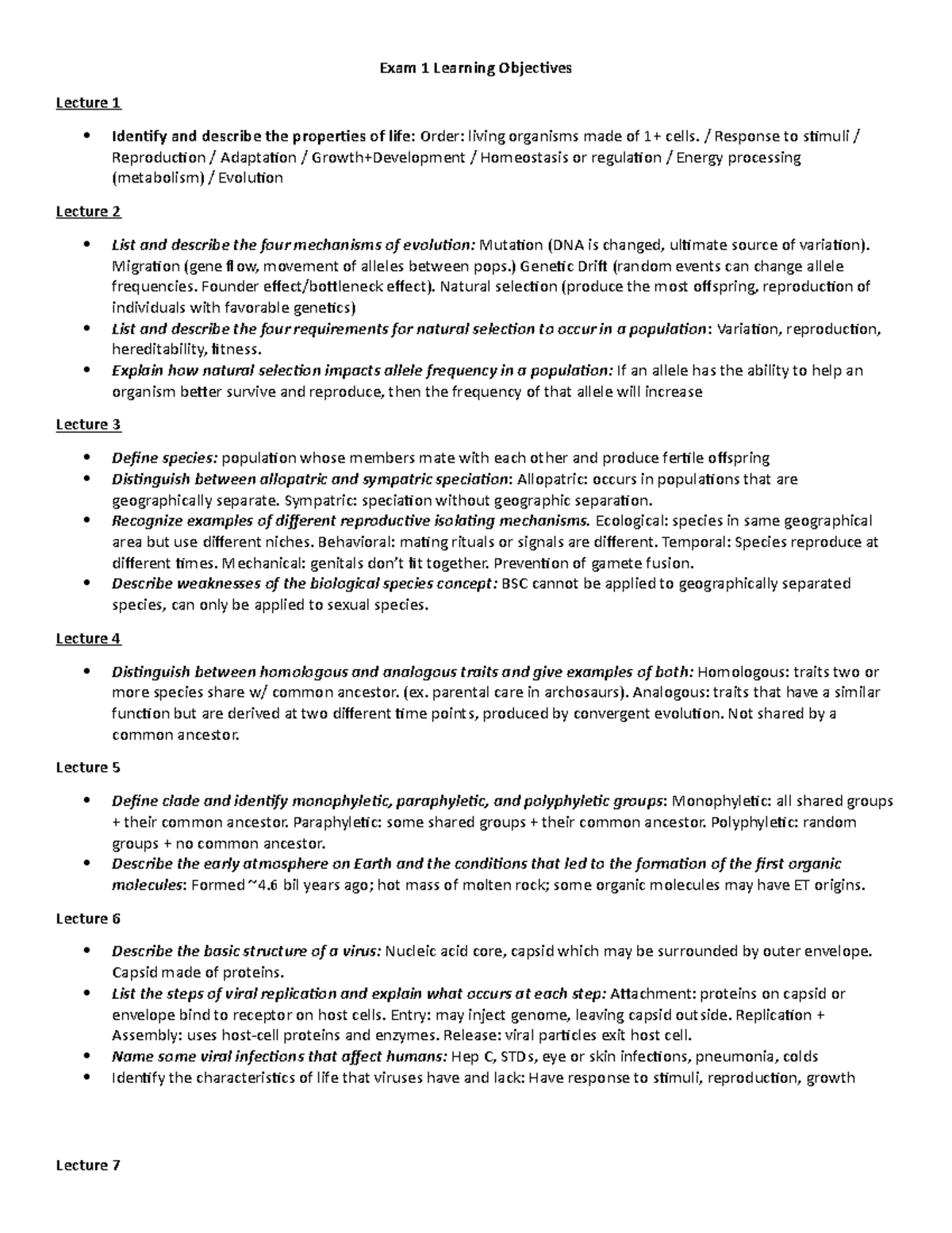 Longer study guide for Final Exam - Exam 1 Learning Objectives Lecture ...