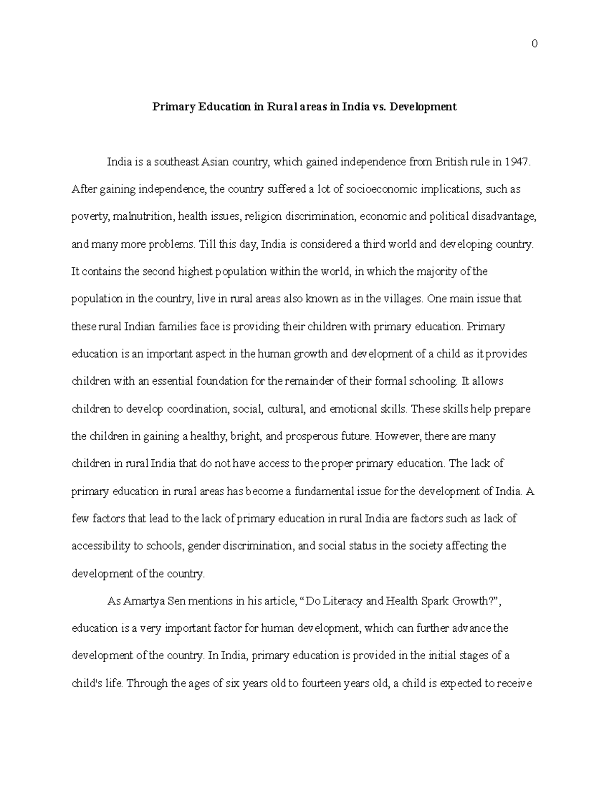 Final Paper - Primary Education in Rural areas in India vs. Development ...