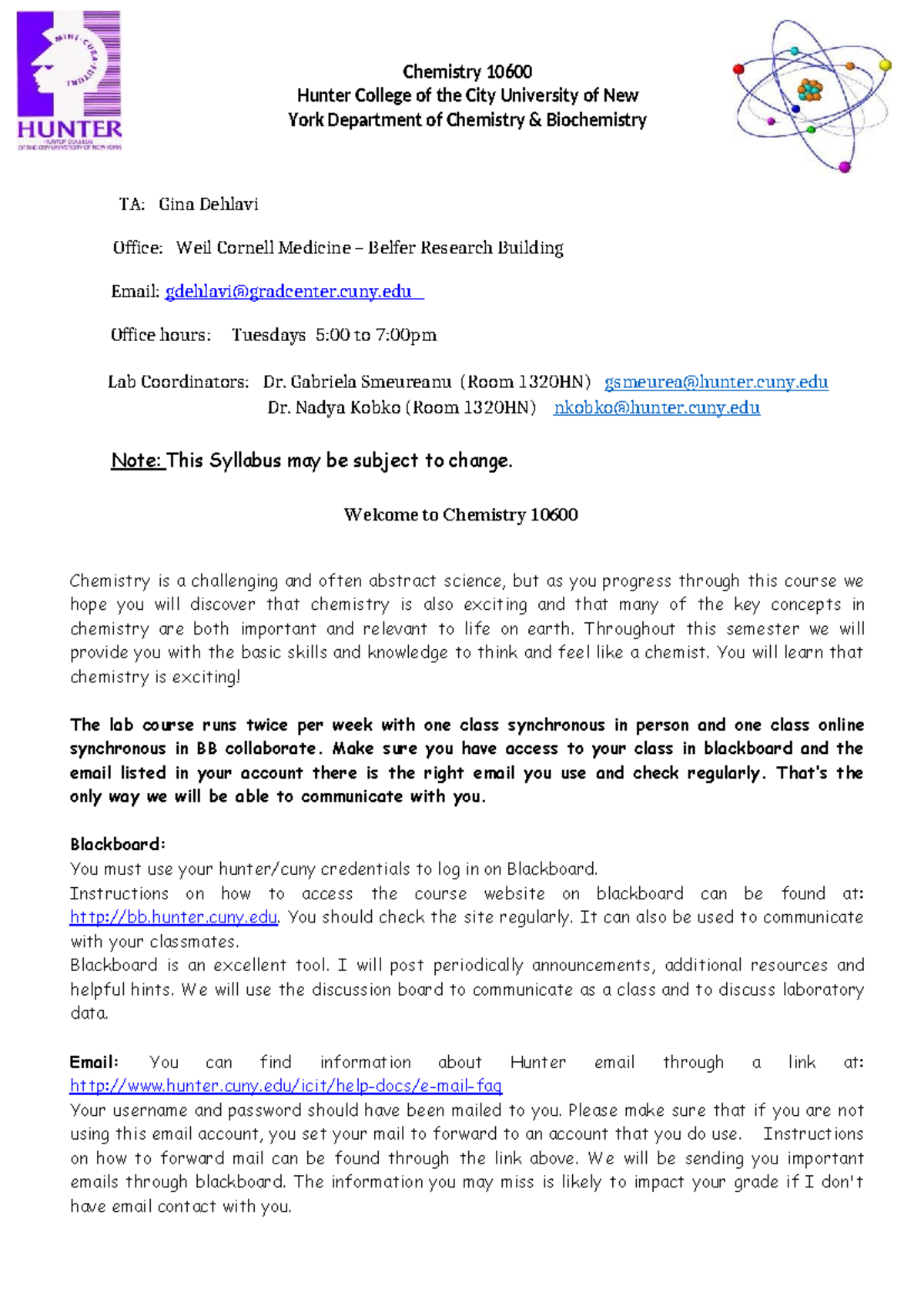 Syllabus Chem 106 - lecture notes - Chemistry 10600 Hunter College of ...