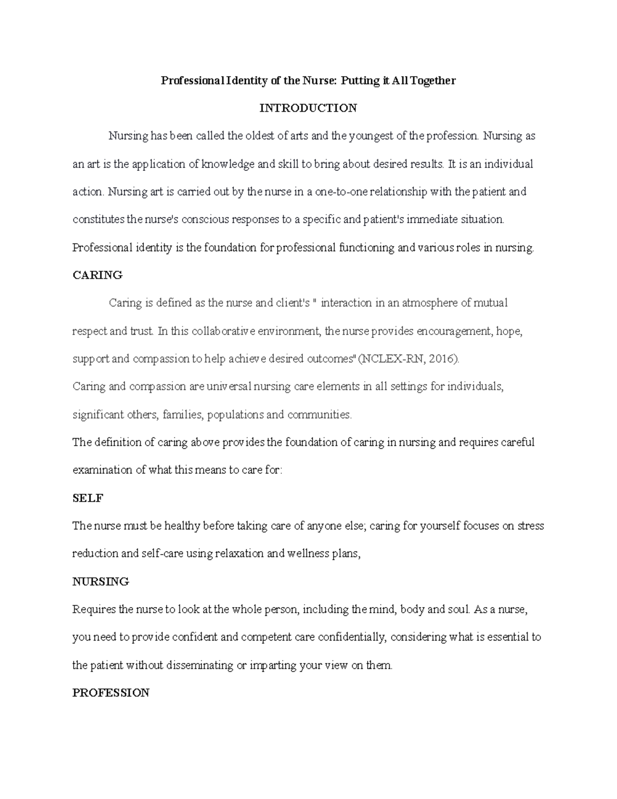 professional identity nursing essay