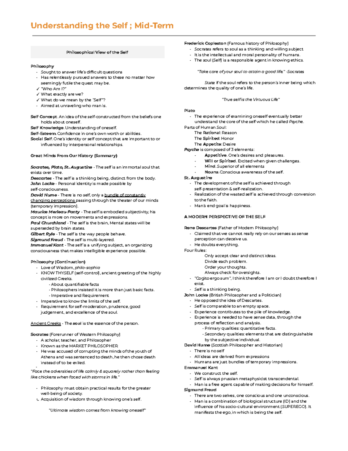 Copy Understanding the Self - Understanding the Self ; Mid-Term ...