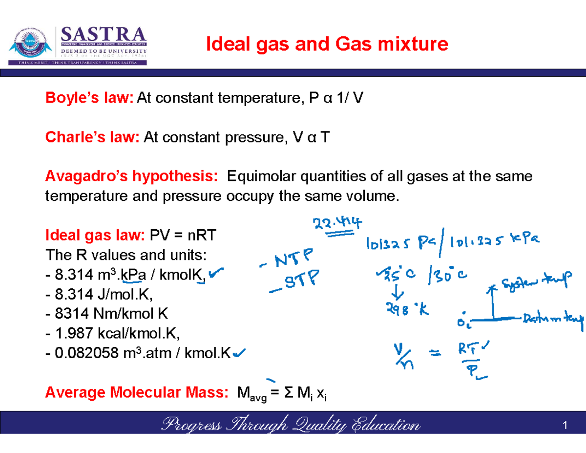 CHE101-lect 12,13,14 - Process Calculations Notes - Boyle’s Law: At ...