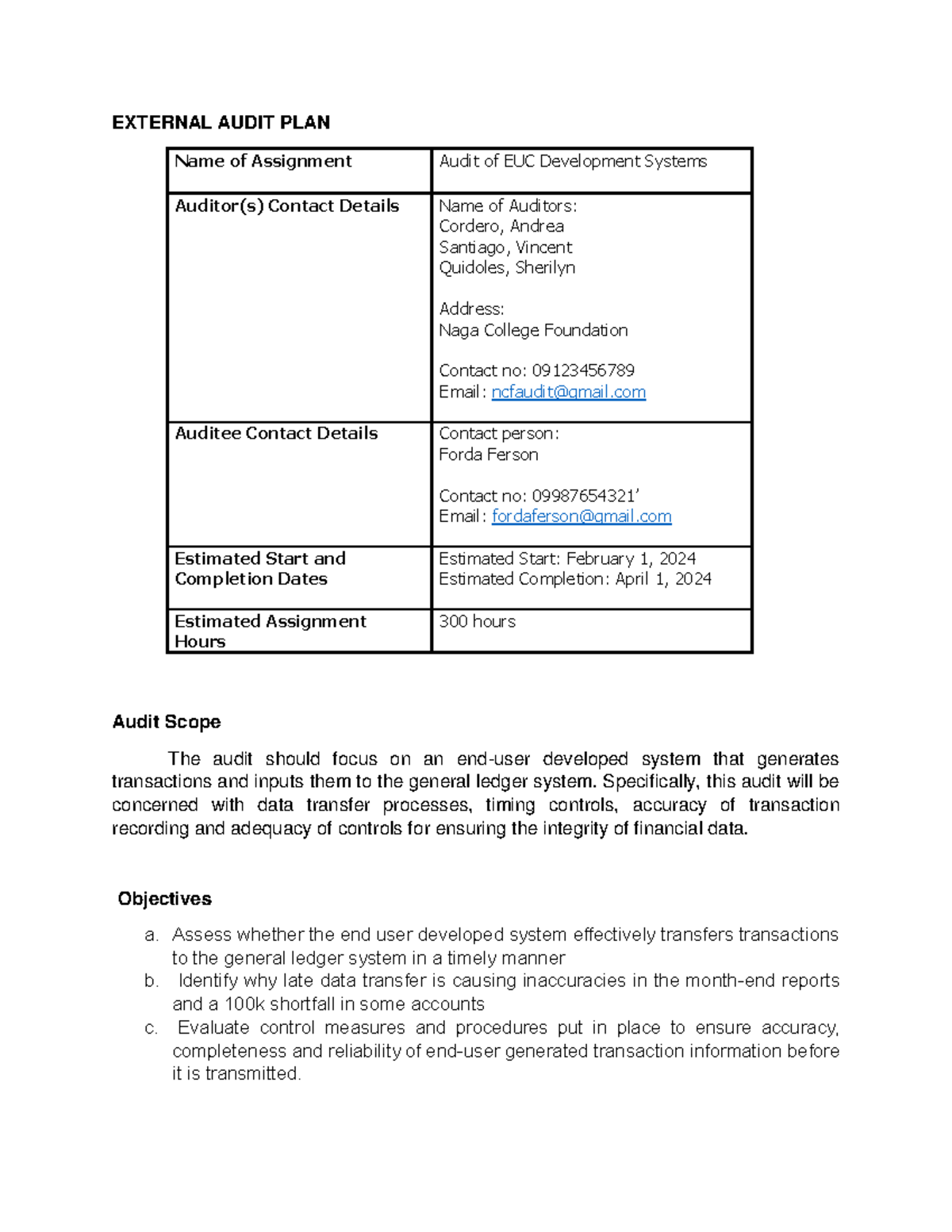 G10 Group-Work-Audit-Plan - EXTERNAL AUDIT PLAN Name of Assignment ...