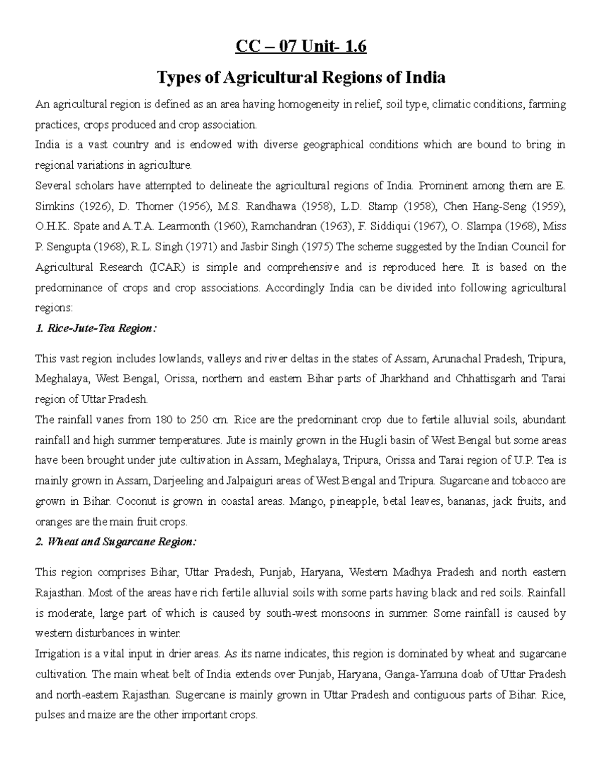 Unit 1 6. Agricultural region of india CC 07 Unit 1. Types of