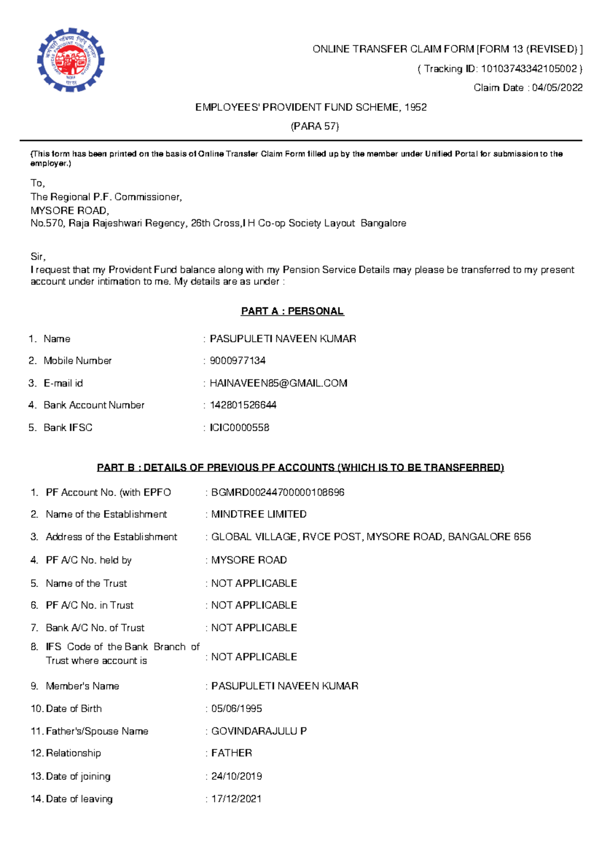 Form13 Online Transfer Claim Form Form 13 Revised Tracking Id