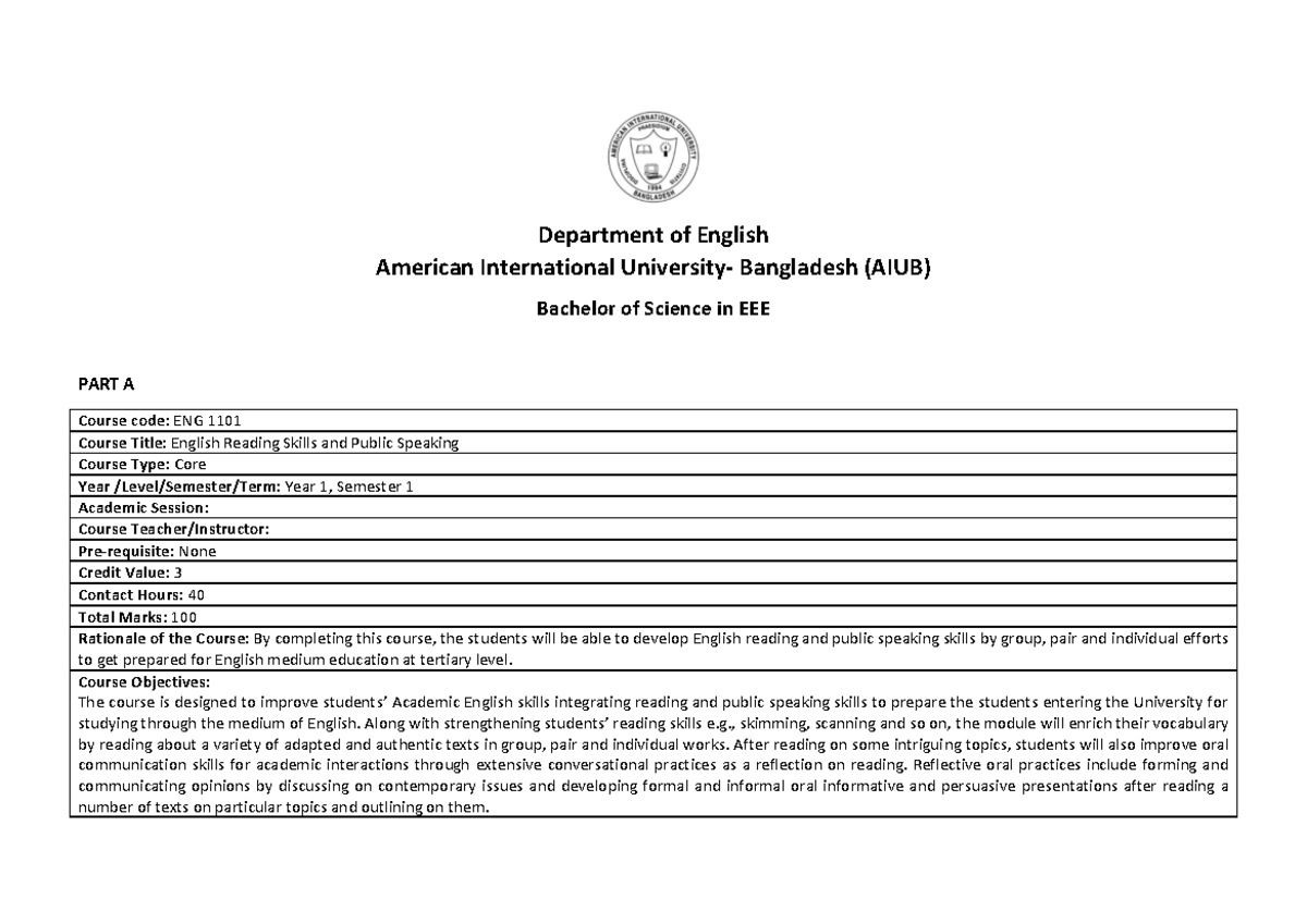 BSc EEE ENG 1101-English Reading Skills and Public Speaking ...