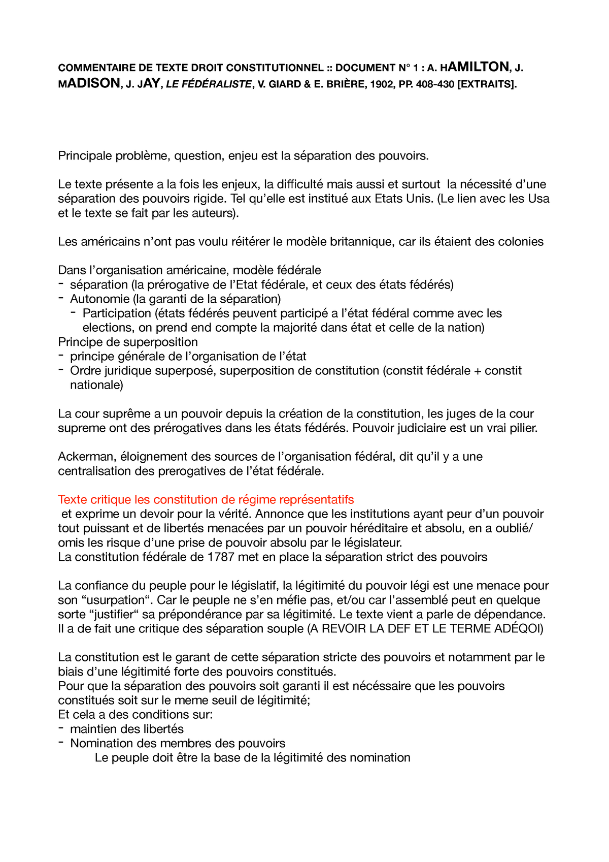 Dissertation The Federalist Commentaire De Texte Droit Constitutionnel Document N° 1 A