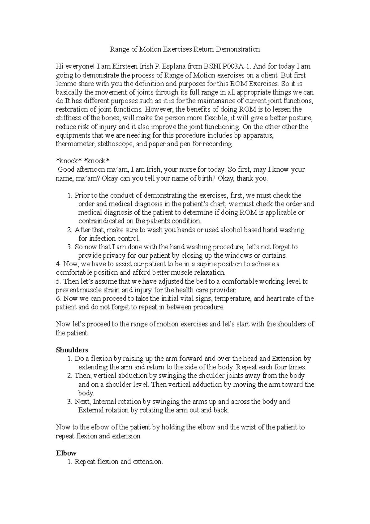 Range of Motion Exercises Script Return Demonstration Range of