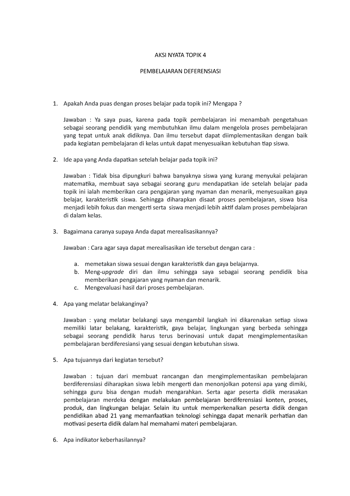 AKSI Nyata Topik 4 Pembelajaran Berdiferensiasi - AKSI NYATA TOPIK 4 ...