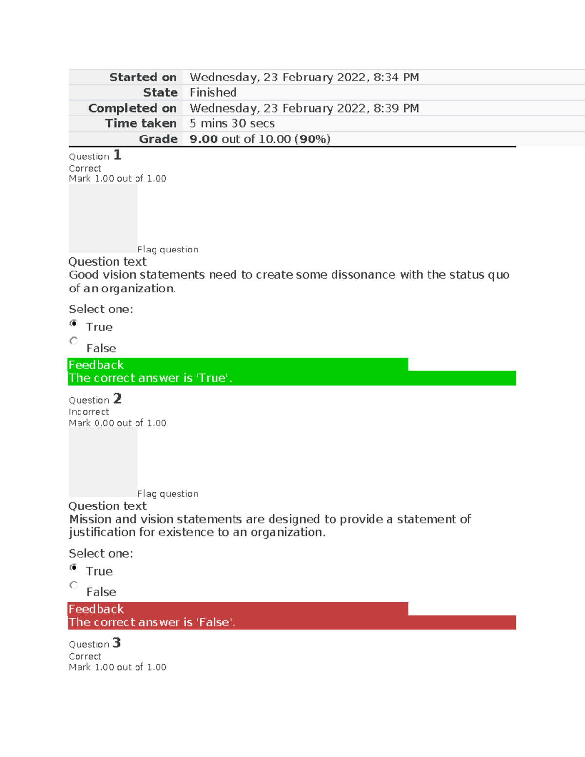 Self-Quiz Unit 4 BUS 1101 - Started on Wednesday, 23 February 2022, 8: ...