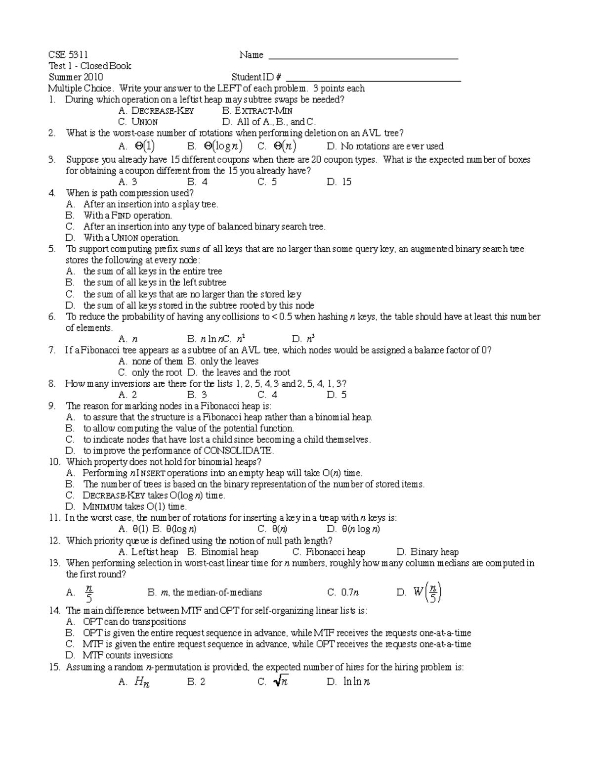 Sum10Z - cse 5311 notes - CSE 5311 Name ...