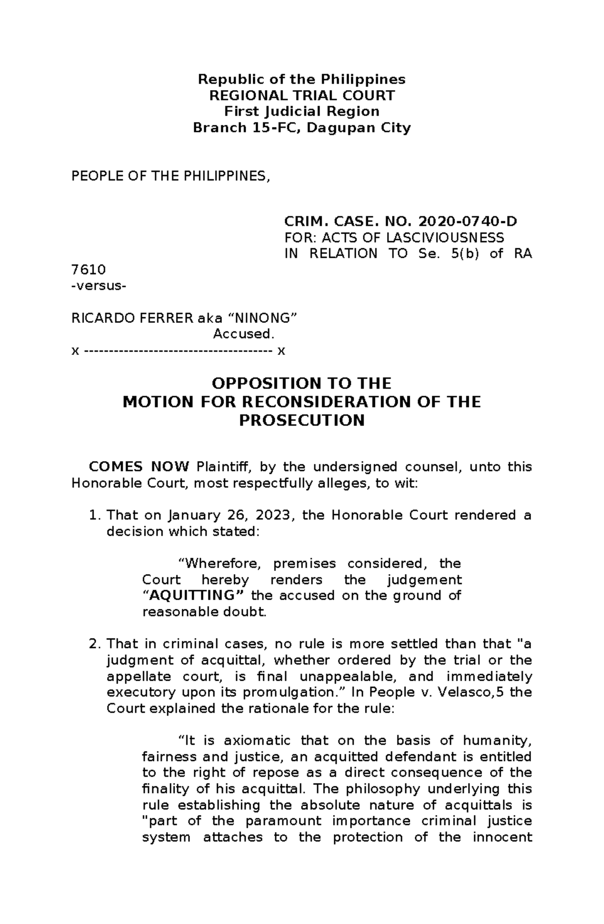 Opposition to the Motion for Reconsideration - Republic of the ...