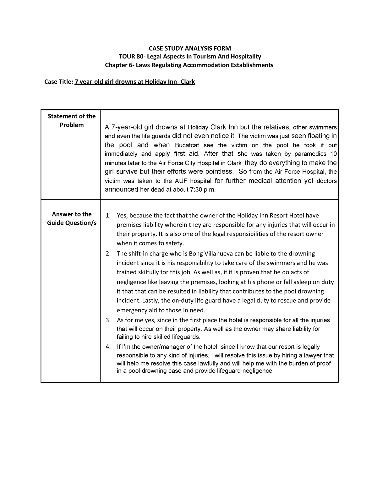 Casestudy Assignment 6 - CASE STUDY ANALYSIS FORM **TOUR 80- Legal ...