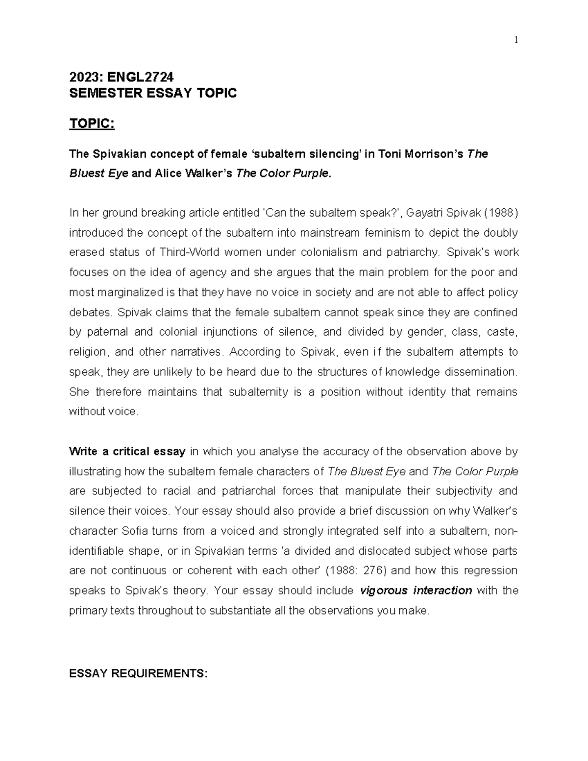 2023 Ffinal ENGL2724 Essay Topic - 1 2023: ENGL SEMESTER ESSAY TOPIC ...