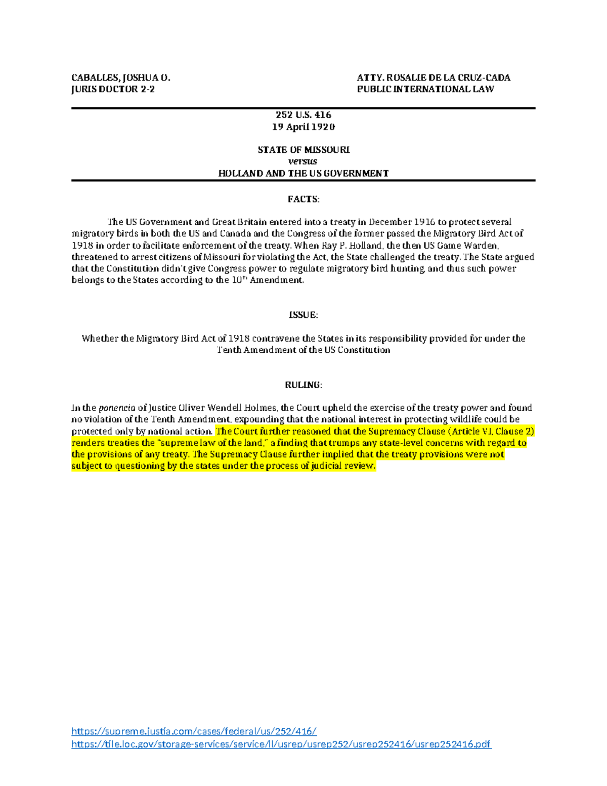 State of Missouri v Holland & US Government CABALLES, JOSHUA O. ATTY