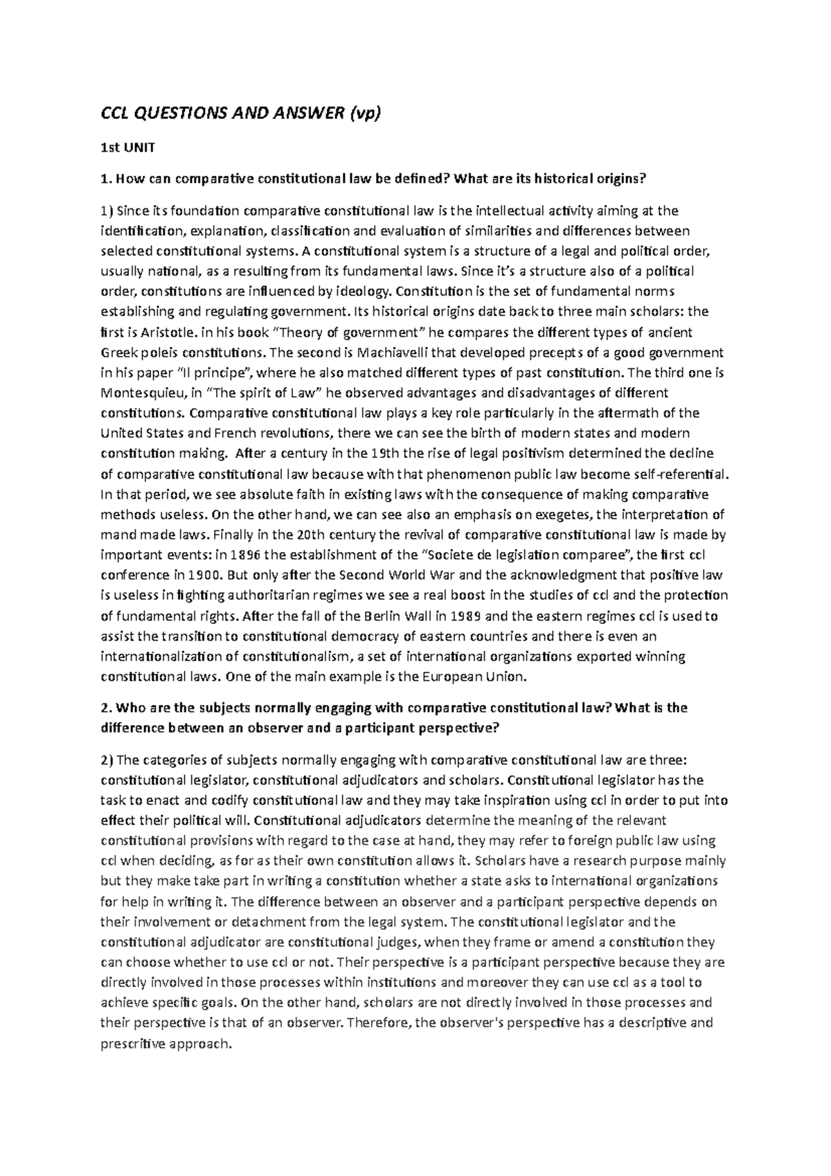 CCL EXAM answers u1-u4 - Comparative Constitutional Law - Università di ...