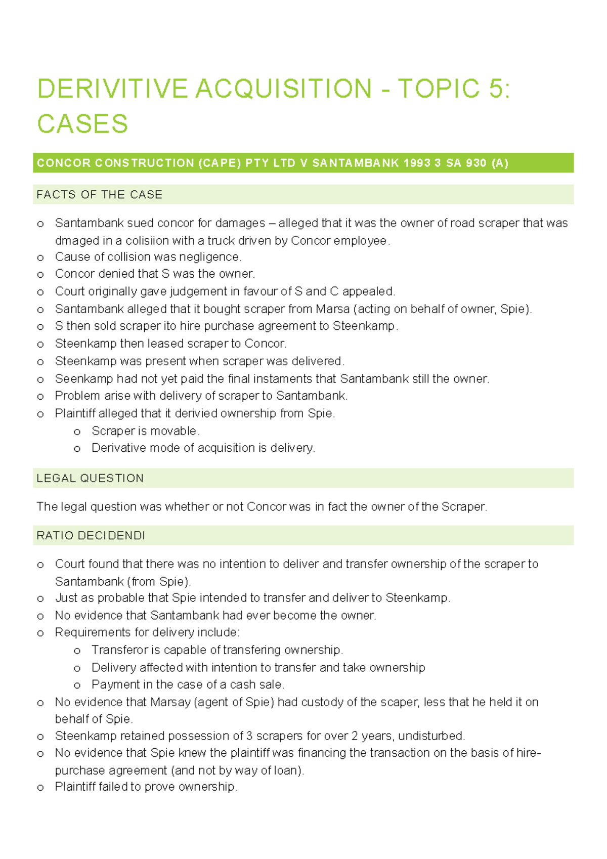 Props SU 5 cases Case summaries for property law DERIVITIVE