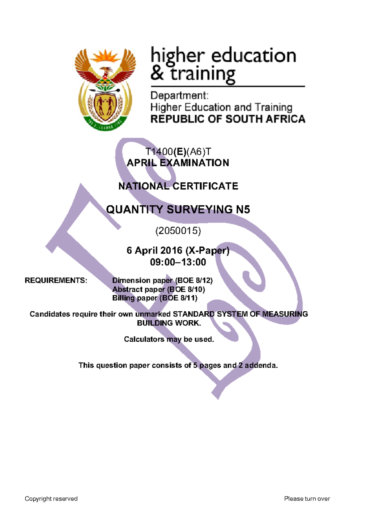 Quantity Surveying N5 Question paper Copyright reserved Please turn