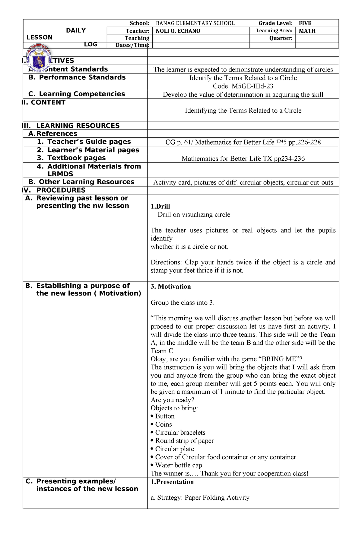 MATH-COT-1 - I. OBJECTIVES A. Content Standards The learner is expected ...