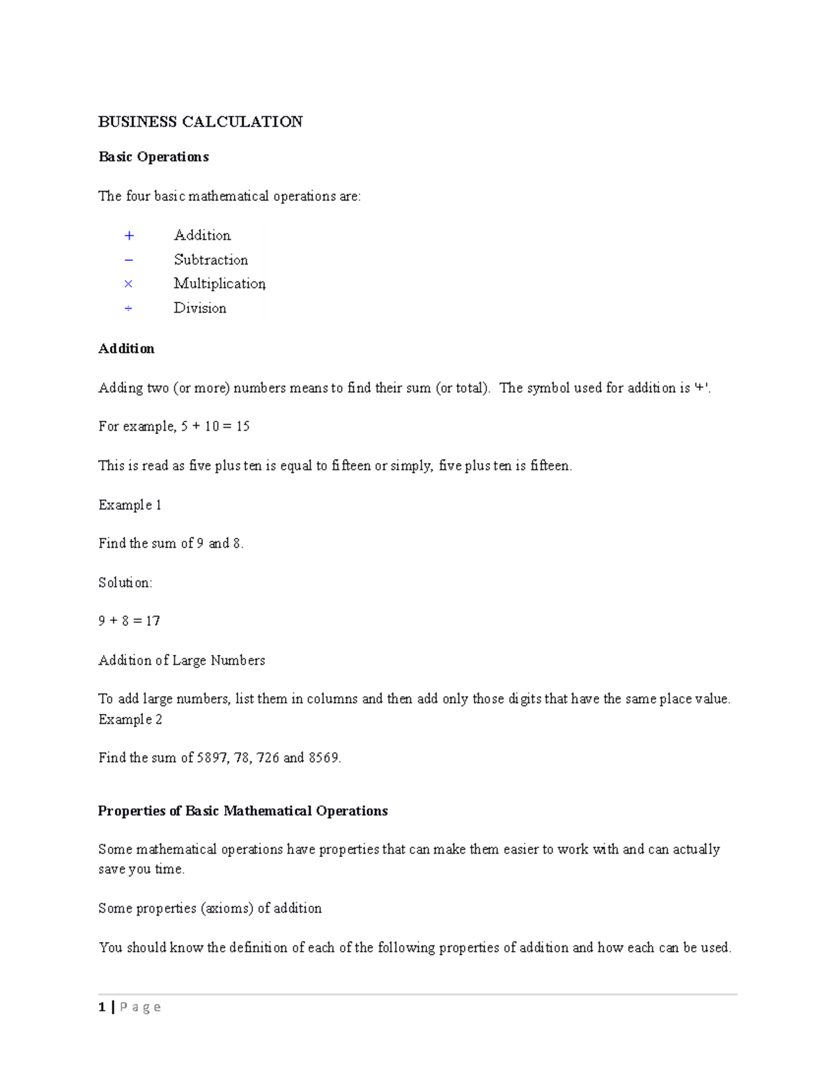 Business Calculation - Subsidiary Notes - BUSINESS CALCULATION Basic ...