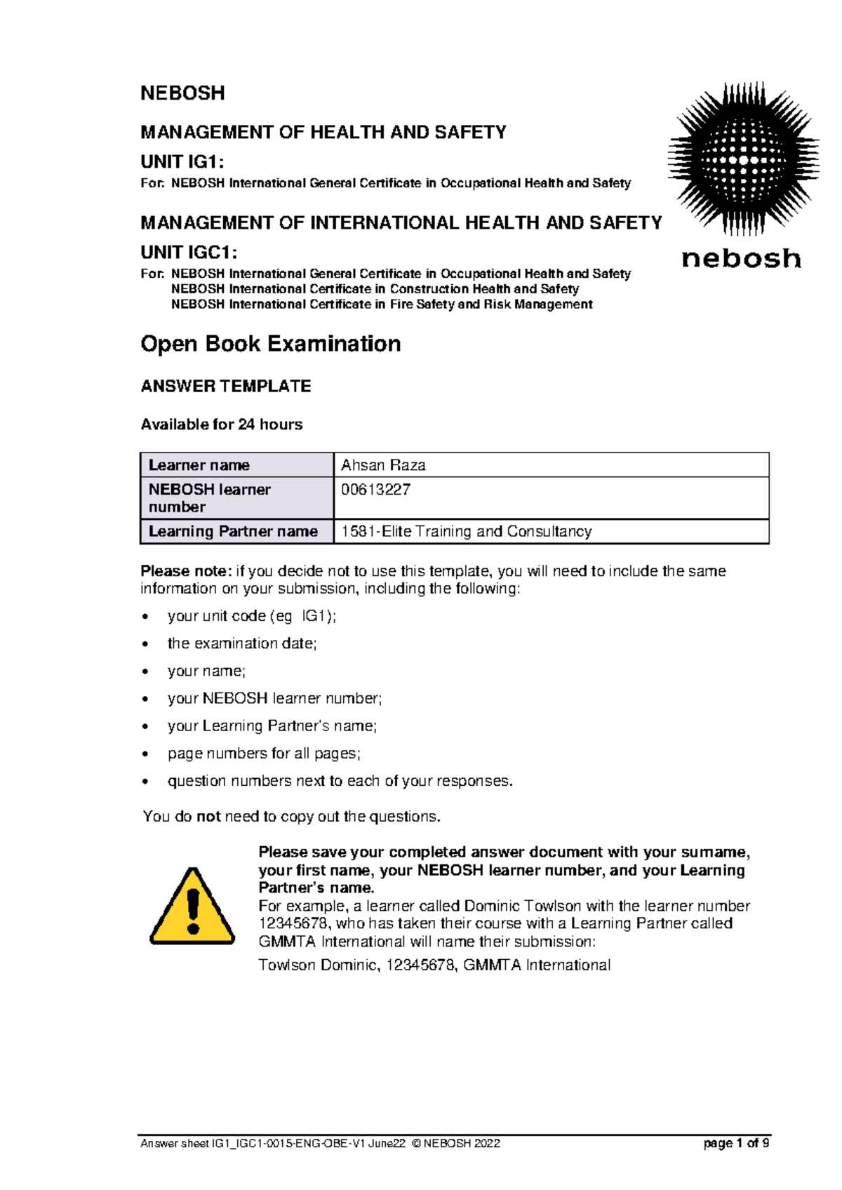 Nebosh Answer Sheet paper 3 - Open Book Examination ANSWER TEMPLATE ...