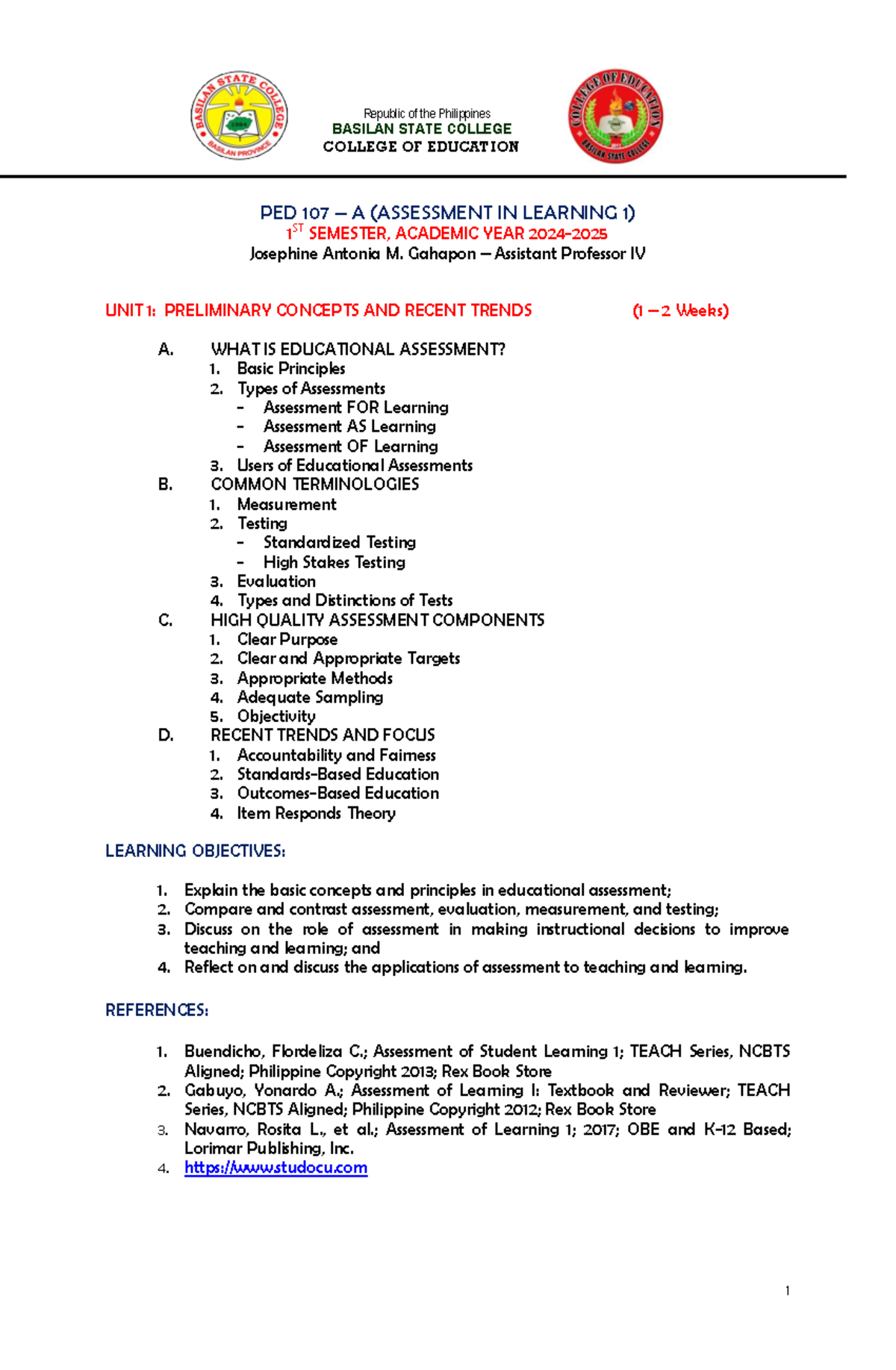 PED 107 A UNIT 1 - Assessment for Learning - Republic of the ...