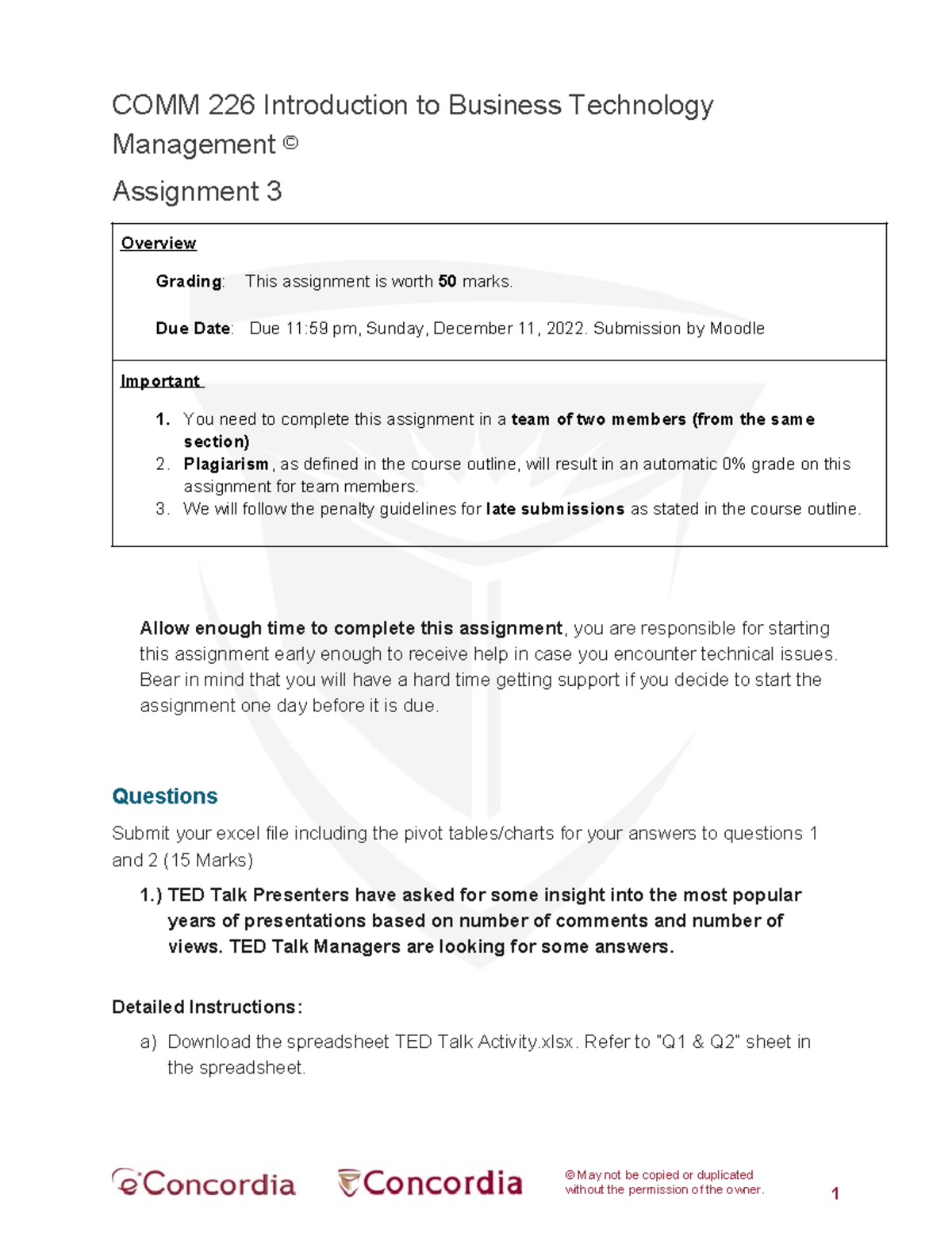 COMM 226 Assign 3 cpyrt - © May not be copied or duplicated without the ...