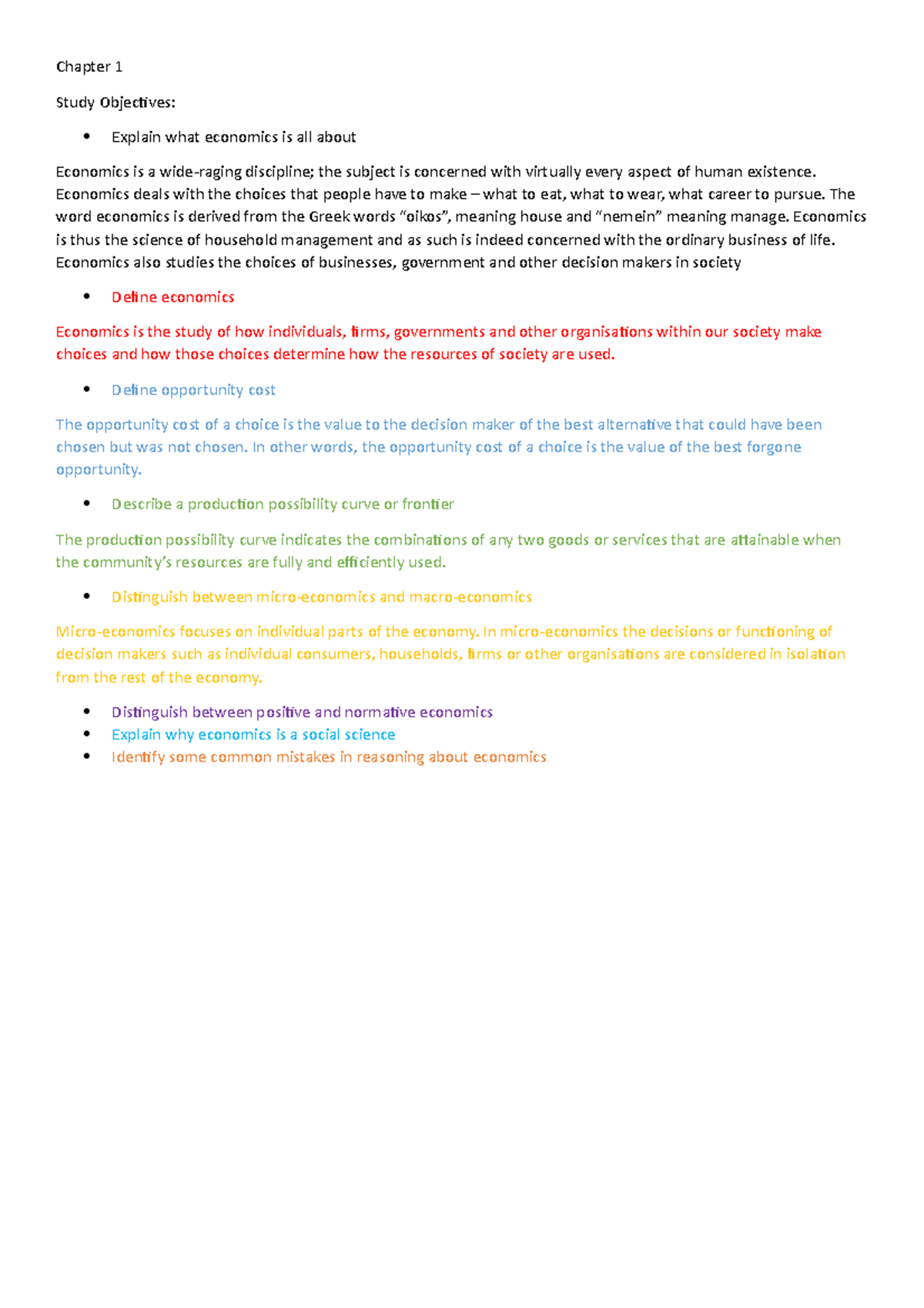 Chapter 1 - Summary Economics - Chapter 1 Study Objectives: Explain