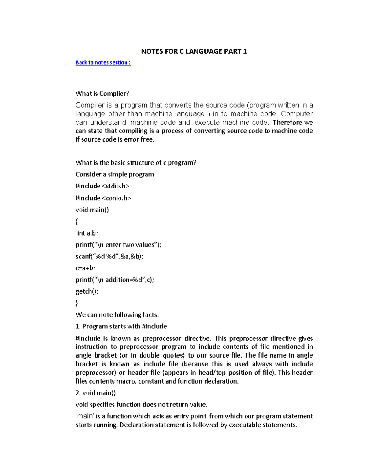Notes FOR C Language PART 1 - NOTES FOR C LANGUAGE PART 1 Back to notes ...